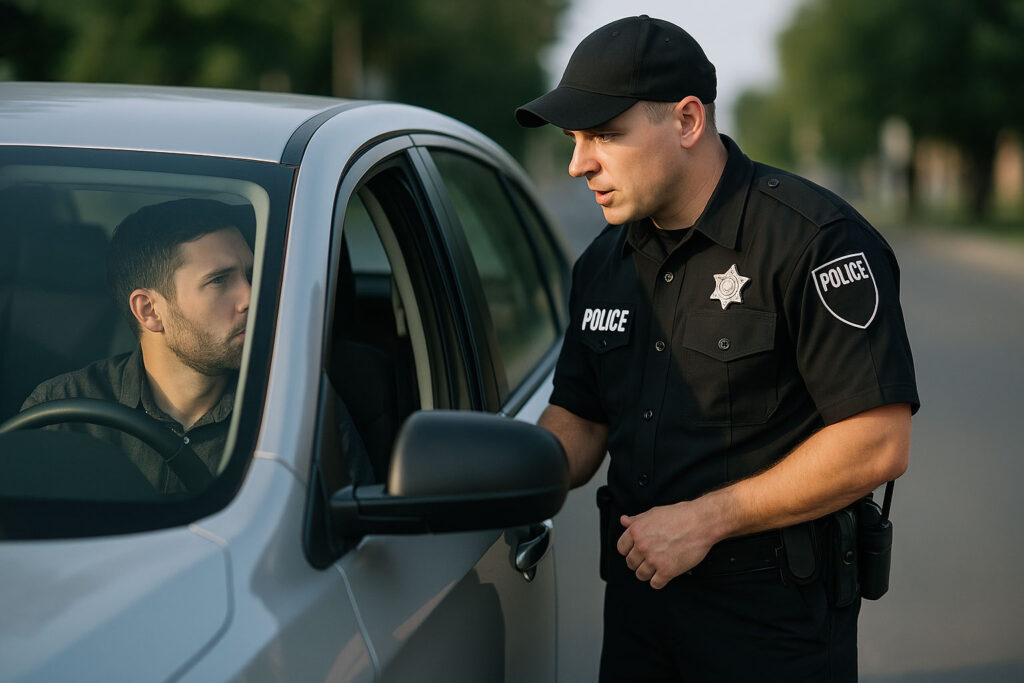 Police officer speaking with a driver during a routine DUI checkpoint stop in Atlanta